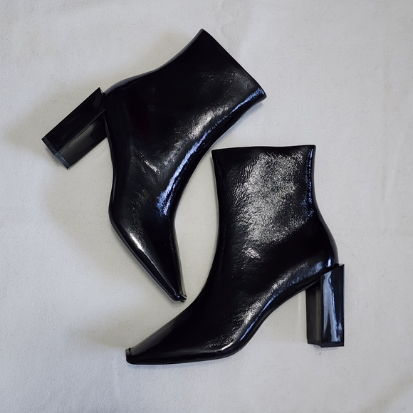 Black genuine patent coated leather square toe modern high heel boots - Picture 1 of 13